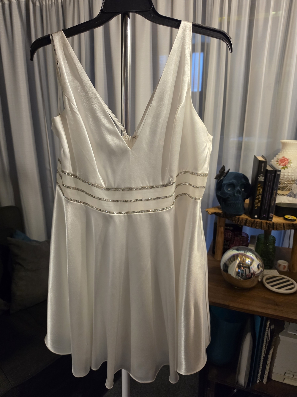 Ivory Satin V-Neck Mini Dress with Beaded Waist